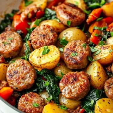 Sausage and Potatoes Skillet 2 Delicious sausage and potatoes skillet dish served in a frying pan