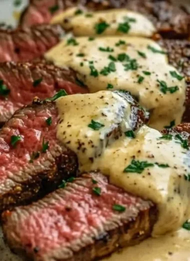 Delicious seared steak served with creamy garlic sauce on a plate.