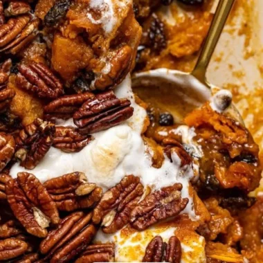 Southern Maple Sweet Potato Casserole 2 Southern Maple Sweet Potato Casserole topped with pecans and marshmallows