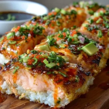 Baked spicy salmon sushi topped with creamy sauce and vegetables