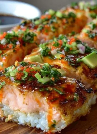 Baked spicy salmon sushi topped with creamy sauce and vegetables