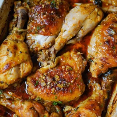 Delicious baked lemon butter chicken garnished with herbs
