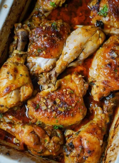 Delicious baked lemon butter chicken garnished with herbs