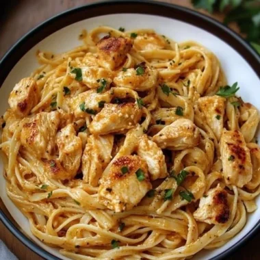 Cowboy Butter Chicken Linguine topped with creamy sauce and herbs