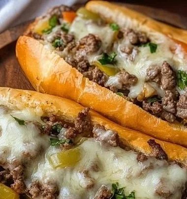 Ground Beef Philly Cheesesteaks served on a platter with toppings