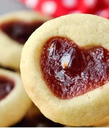 Heart Jam Cookies on a plate decorated with powdered sugar and fresh berries