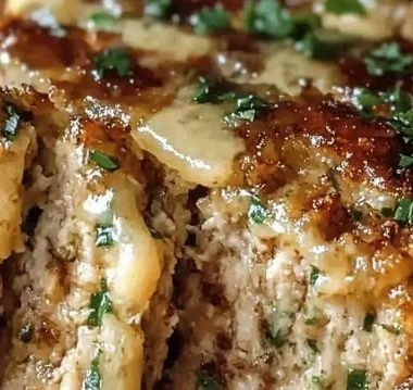 Juicy garlic parmesan chicken meatloaf served with fresh herbs