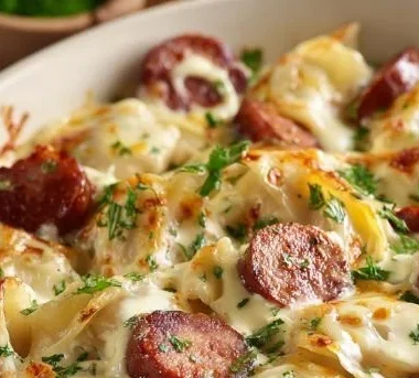 Baked Kielbasa and Pierogi dish served in a casserole dish