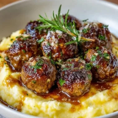 Salisbury Steak Meatballs with Garlic Herb Mashed Potatoes 2 Salisbury steak meatballs served with garlic herb mashed potatoes on a plate.