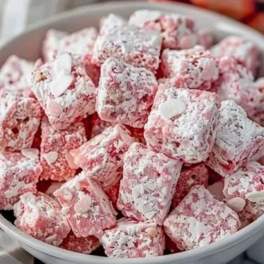 Strawberry Shortcake Puppy Chow 2 Delicious Strawberry Shortcake Puppy Chow snack in a bowl