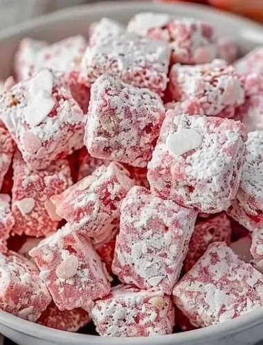Delicious Strawberry Shortcake Puppy Chow snack in a bowl