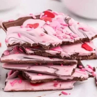 Valentine's Day chocolate bark with heart-shaped toppings