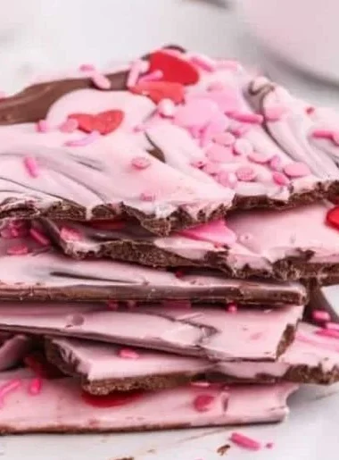Valentine's Day chocolate bark with heart-shaped toppings