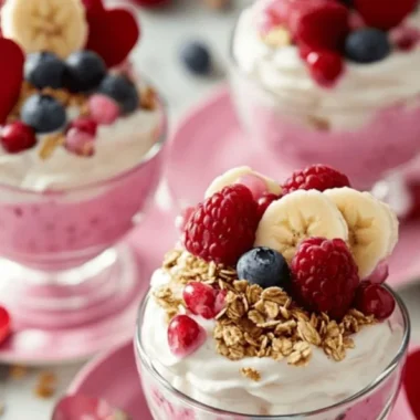 Valentine's Day fruit yogurt parfaits with fresh berries and yogurt layers.