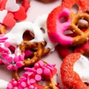 Decorative Valentine's Day pretzels coated in pink and white chocolate.