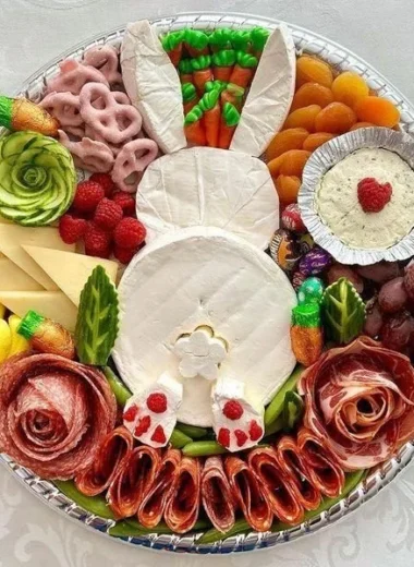 Colorful and delicious Bunny Charcuterie Board for springtime celebrations.