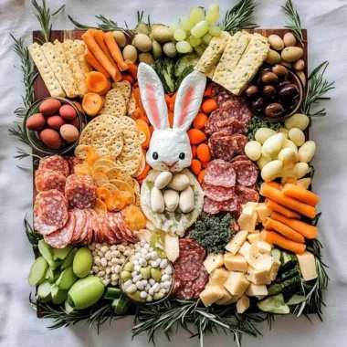 Easter Bunny Charcuterie Board filled with festive treats and colorful snacks