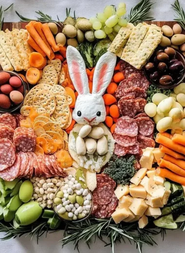 Easter Bunny Charcuterie Board filled with festive treats and colorful snacks