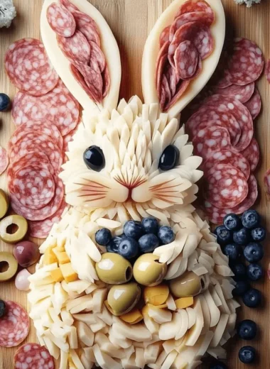 Beautifully arranged Easter charcuterie board with colorful ingredients