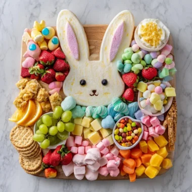 Easter Snack Board (Bunny Grazing Platter) for Festive Fun! 1 Colorful Easter snack board featuring bunny-shaped treats and festive snacks.