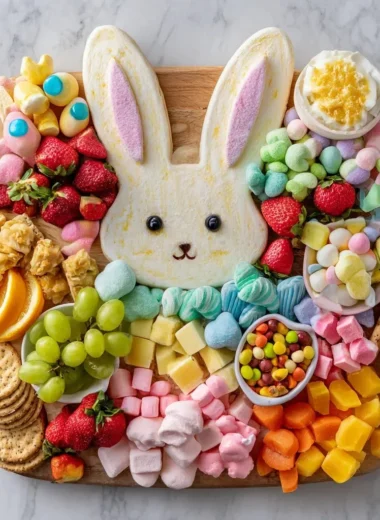 Colorful Easter snack board featuring bunny-shaped treats and festive snacks.